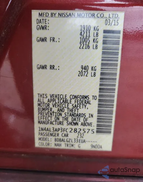 2015 Nissan Altima 2.5 из США, поврежденный, VIN 1N4AL3AP3FC282575